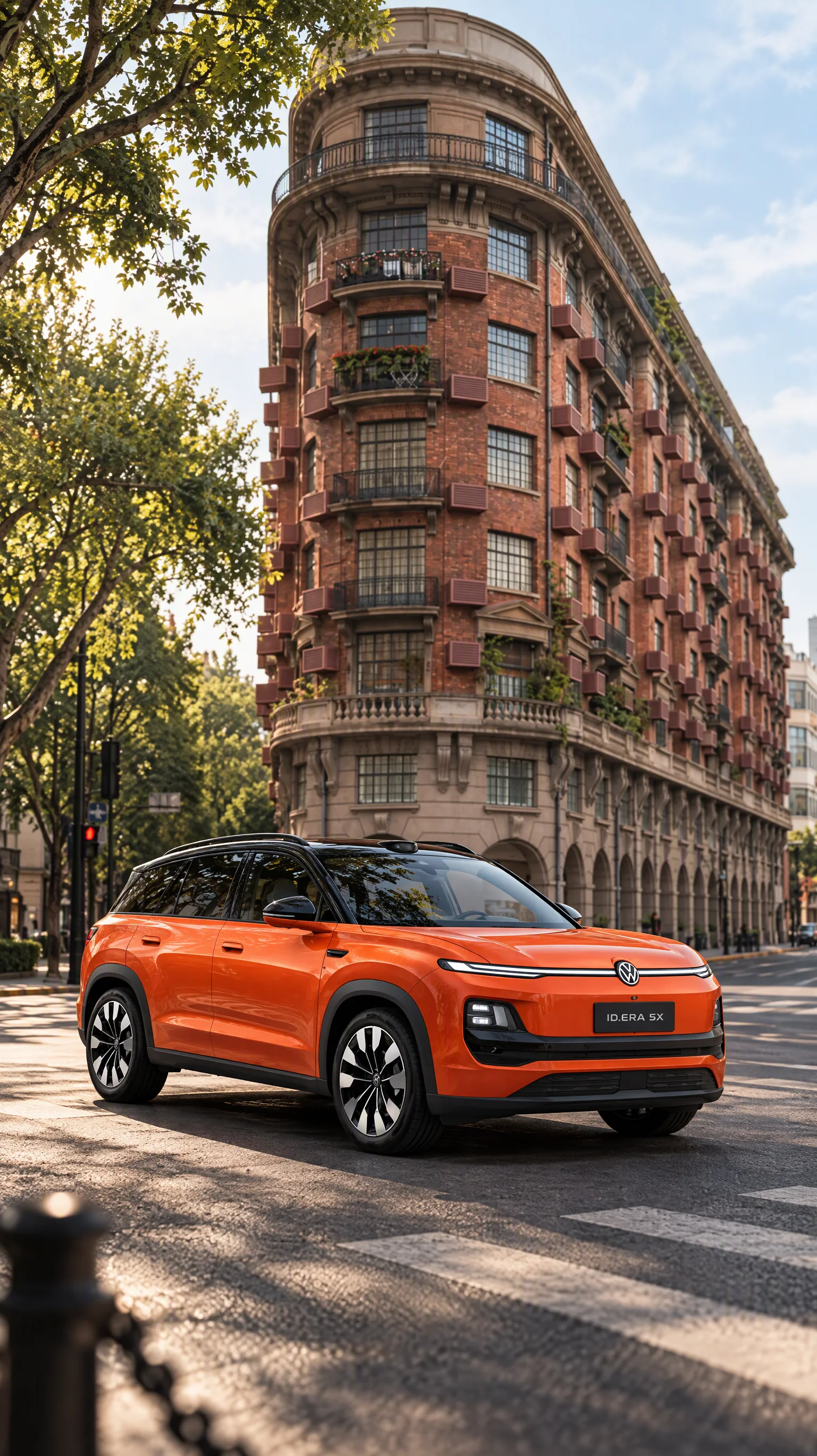 竖幅画面，橙色 SUV 停在红砖转角大楼前